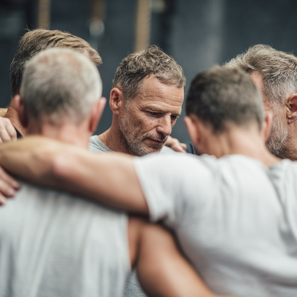 Group of middle-aged men supporting each other in fitness and personal development journey